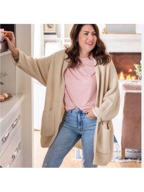JILLIAN HARRIS THE SKINNY Relaxed Open-Front Cream Knit Cardigan with Pockets